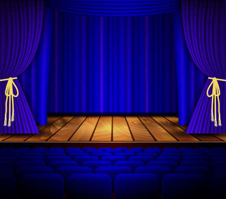 Cinema or theater scene with a curtain. Theater stage with wooden floor and blue curtain. Vector illustrationのイラスト素材