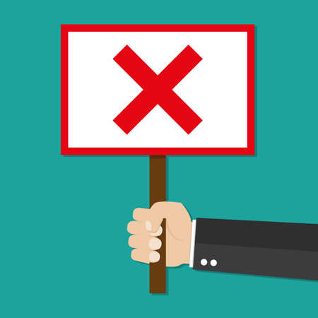 Cartoon Businessman hand hold sign with red cross. negative checkmark in center. wrong choice concept. illustration in flat design on green background.のイラスト素材