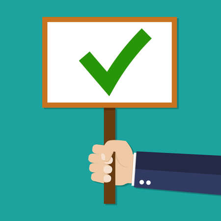 Cartoon Businessman hand hold sign with green tick. positive checkmark in center. right choice concept. illustration in flat design on green background.のイラスト素材