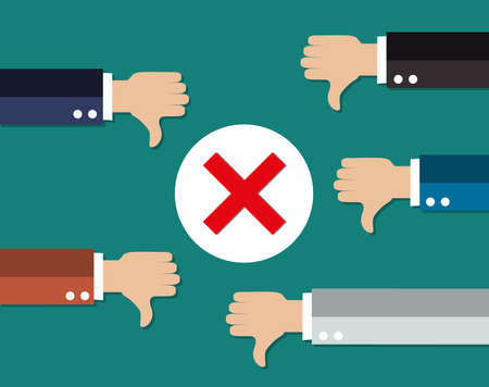 cartoon Businessmans hands hold thumbs down. negative checkmark in center. illustration in flat design on green background.のイラスト素材