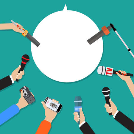 Few hands of journalists with microphones, tape recorder and smartphone. journalism, live report, hot news, television and radio casts. illustration flat style, green background speech bubbleのイラスト素材