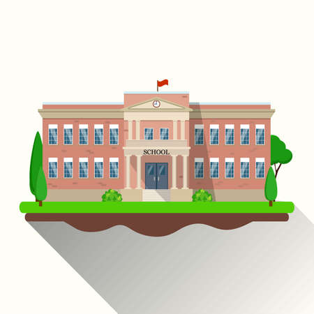 modern school building, the main entrance and front yard. Vector illustration in flat styleのイラスト素材