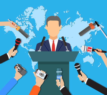 Press conference, world live tv news, interview. hands of journalists with microphones. vector illustration in flat style on blue background with world mapのイラスト素材