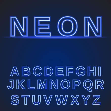 neon alphabet. Glowing font on a dark blue background. Vector illustrationのイラスト素材