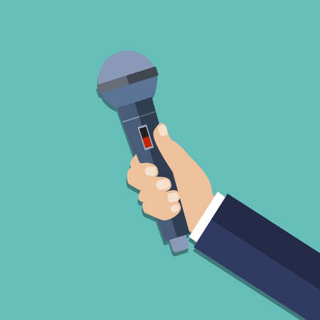 hand holding a microphone. journalims concept. vector illustration in flat design on green backgroundのイラスト素材