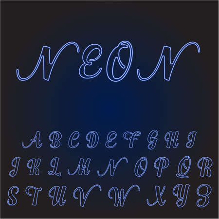 Neon tube hand drawn alphabet font. Script type letters on a dark blue background. Vector illustrationのイラスト素材