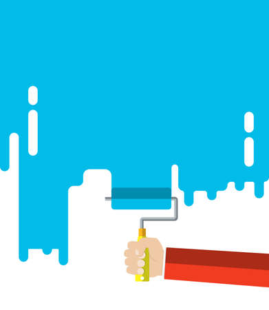 Mens hand holds a paint roller with a blue color. Interior design, repair concept. vector illustration flat design. Blank template for your textのイラスト素材