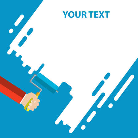 Mens hand holds a paint roller with a blue color. Interior design, repair concept. vector illustration flat design. Blank template for your textのイラスト素材
