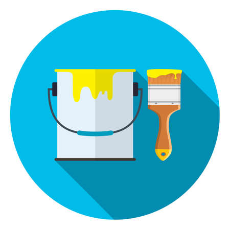 Bucket of paint and brush icon with long shadow. Vector illustration in flat styleのイラスト素材