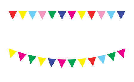 Bunting festive flags and garland festive flags set. Colorful festive flags vector illustration. Elements festive flags celebrate, party or festival design festive flags. Triangle celebrate festive.のイラスト素材