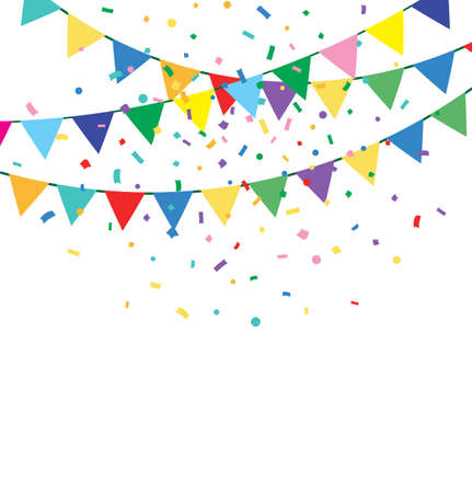 Holiday background with Bunting and garland. Colorful festive flags and confettiのイラスト素材