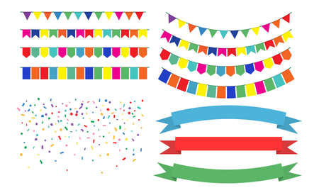 Vector Illustration of Colorful Garlands on white background. Colorful festive buntings Ribbons, Confetti and flags. Holiday set.のイラスト素材