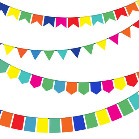 Bunting and garland set. Colorful festive flags. Vector illustration in flat style. Elements for celebrate, party or festival design.のイラスト素材