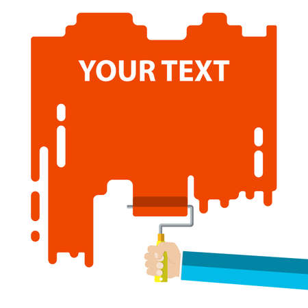 Mens hand holds a paint roller with a red color. Interior design, repair concept. vector illustration flat design. Blank template for your textのイラスト素材