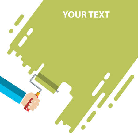 Mens hand holds a paint roller with a green color. Interior design, repair concept. vector illustration flat design. Blank template for your textのイラスト素材