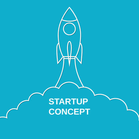 Space rocket launch. Start up concept concept in linear style. Can be used for presentation, web page, booklet. Vector illustration in flat styleのイラスト素材