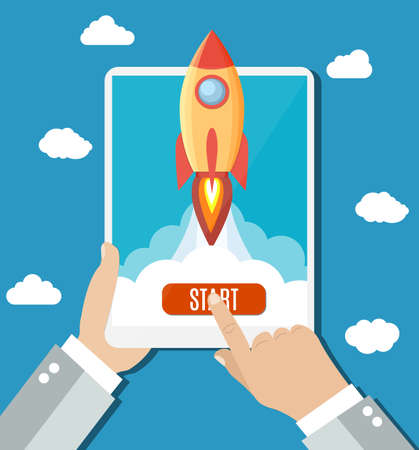 Successful startup business concept. Hands holding a tablet with Space rocket launch and red button. Vector illustration in flat styleのイラスト素材