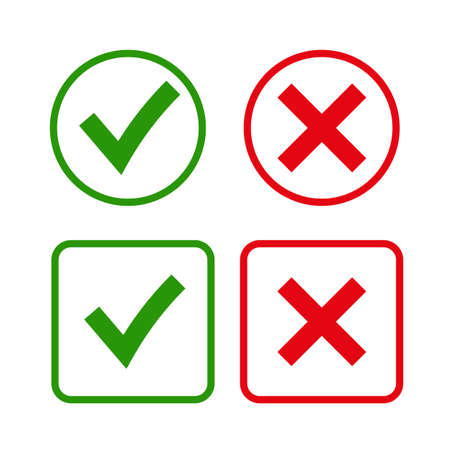 Tick and cross signs. Green checkmark OK and red X icons, isolated on white background. Simple marks graphic design. symbols YES and NO button for vote, decision, web. Vector illustrationの写真素材