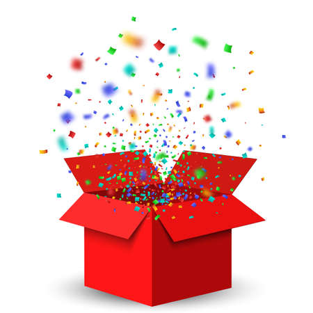 Open Red Gift Box and Confetti. Christmas Background.のイラスト素材