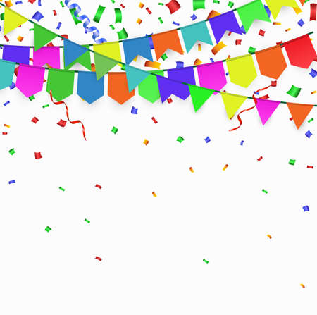 Holiday background with Bunting and garland. Colorful festive flags and confettiのイラスト素材