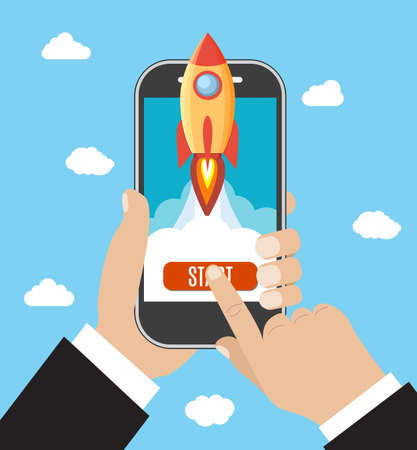 Hand holds smartphone with Space rocket launch and red button. Startup concept.のイラスト素材