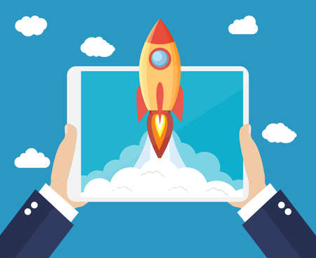 Successful startup business concept. Hands holding a tablet with Space rocket launch.のイラスト素材
