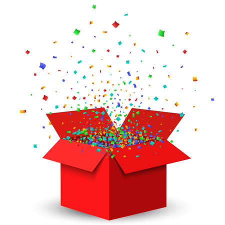 Open Red Gift Box and Confetti. Christmas Background.のイラスト素材