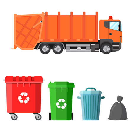 Garbage truck and four variants of dumpsters in a flat style. Waste management conceptのイラスト素材