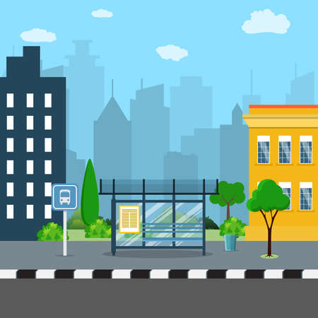 Bus stop with city background. bus stop sign and trash can. Vector illustration in flat designのイラスト素材