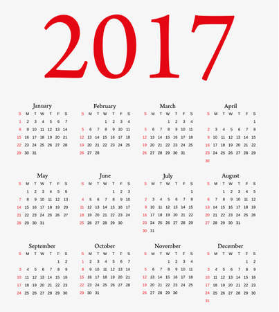 Calendar 2017. Week starts from Sunday. Vector flat design template,のイラスト素材
