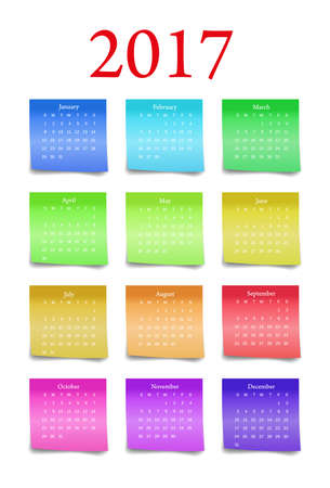 Calendar 2017. Week starts from Sunday. Vector design template. Set of Colorful sticky notesのイラスト素材