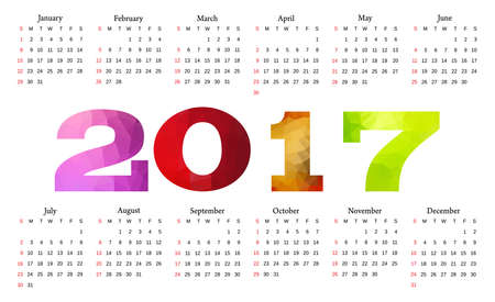 Calendar 2017. Week starts from Sunday. Vector flat design template,のイラスト素材