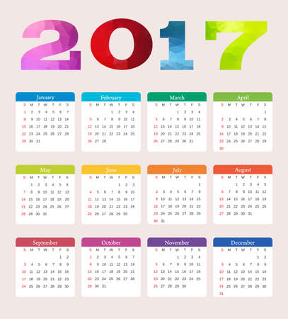 Calendar 2017. Week starts from Sunday. Vector flat design template,のイラスト素材