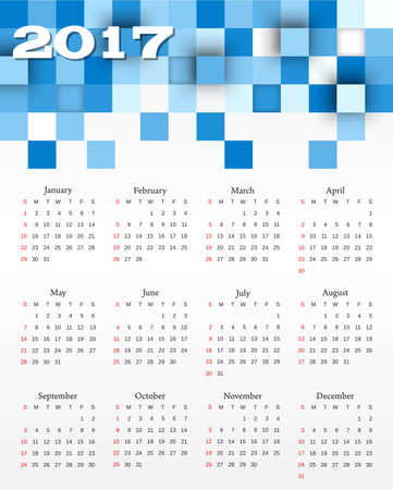 calendar with blue squares 2017. Week starts from Sunday. Vector design template.のイラスト素材