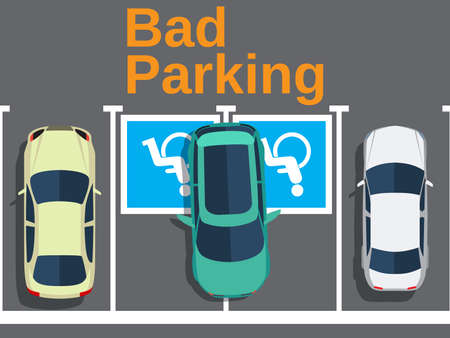 Bad parking. Illustration of a car parked in the wrong parking for disabled. Cars top view. Vector illustration in flat designのイラスト素材