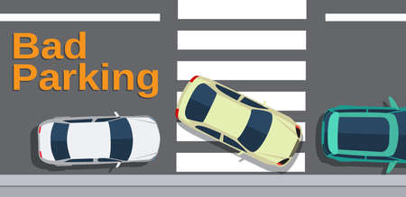 Bad parking. Car blocked the crosswalk and closed to pedestrians. Cars top view. Vector illustration in flat designのイラスト素材