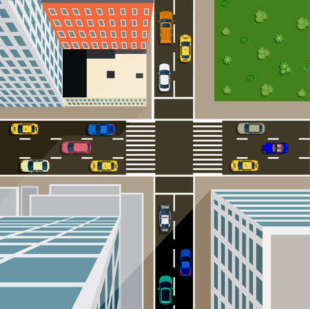 Crossroads in the city top view. Transport car, urban and asphalt, traffic and building. Vector illustration in flat designのイラスト素材