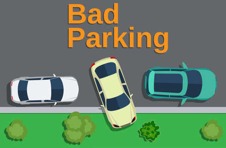 Bad parking. Top view of a car parked on the lawn with trees. Vector illustration in flat designのイラスト素材