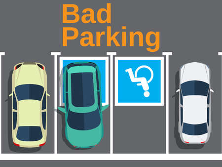 Bad parking. Illustration of a car parked in the wrong parking for disabled. Cars top view. Vector illustration in flat designのイラスト素材