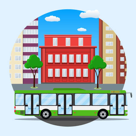 green city busin front of houses. Vector illustration in flat designのイラスト素材