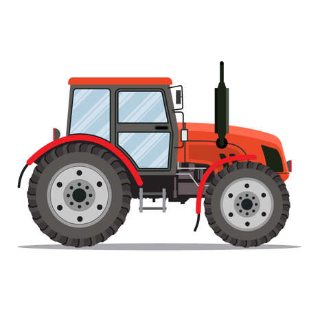 Flat tractor on white background. Red tractor icon - vector illustration. Agricultural tractor -...