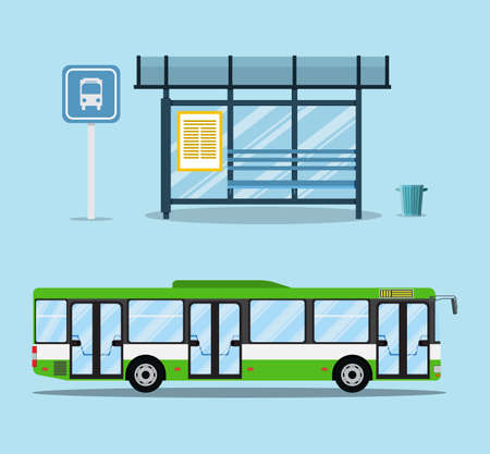 bus stop with seats and green city bus. vector illustration in flat design on light backgroundのイラスト素材