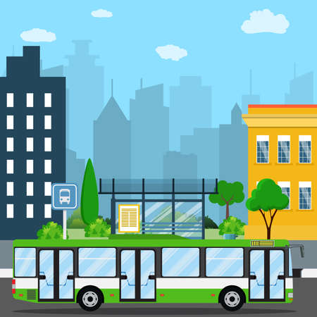 Bus stop with city background. bus stop sign and trash can. road with bus. Vector illustration in flat designのイラスト素材