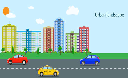 Modern City View. Cityscape with office and residential buildings, trees, road with car, blue background with clouds. vector illustration in flat styleのイラスト素材