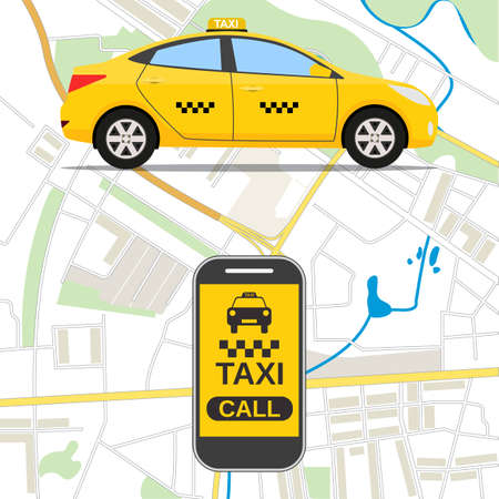 Taxi mobile app concept. Smartphone with mobile app and yellow taxi car. vector illustration in flat designのイラスト素材