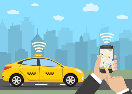 Taxi service. Yellow taxi cab. Hands with smartphone and taxi application, city silhouette with skyscrapers and tower, sky with clouds. Vector illustration in flat styleのイラスト素材