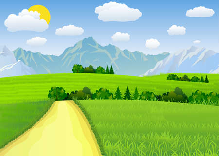 Summer landscape with meadows and mountains. Road and the forest, nature landscape, vector background. vector illustration in flat designのイラスト素材