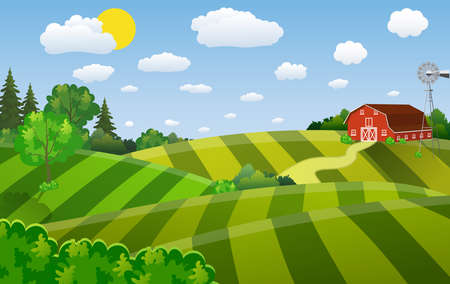 Cartoon farm field green seeding field, red barn on a green farmers field, large field farming striped, Farm flat landscape. Organic food concept for any designのイラスト素材