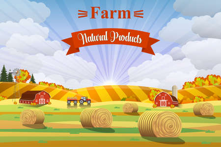 Countryside landscape with haystacks on fields. Rural area landscape. Hay bales. Farm flat landscape. Organic food concept for any designのイラスト素材
