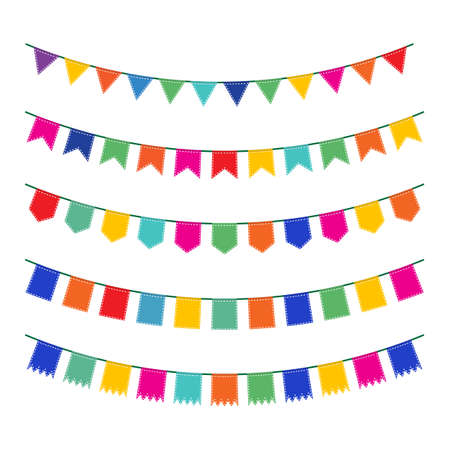 Colorful pennant bunting collection with stitch lines isolated on white backgound in flat design. vector illustrationのイラスト素材